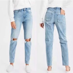 American Eagle Mom Jeans Ripped Distressed Blue High Waist Size 12 Reg